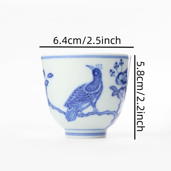 Shouzang kiln blue and white Myna peach blossom master cup single cup Jingdezhen Chinese hand-painted sample tea cup