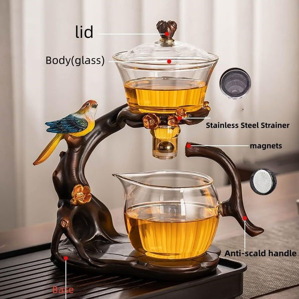 RORA Lazy Kungfu Glass Tea Set Creative Bird Semi Automatic Drip Diversion Rotating Bowl with Infuser Teapot Set ( with 6pcs cups)