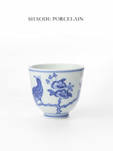 Shouzang kiln blue and white Myna peach blossom master cup single cup Jingdezhen Chinese hand-painted sample tea cup