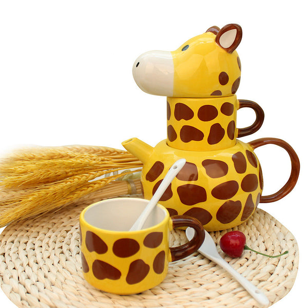 Giraffe Ceramic Teapot Cute Cartoon Yellow Tea Set with 2 Cups