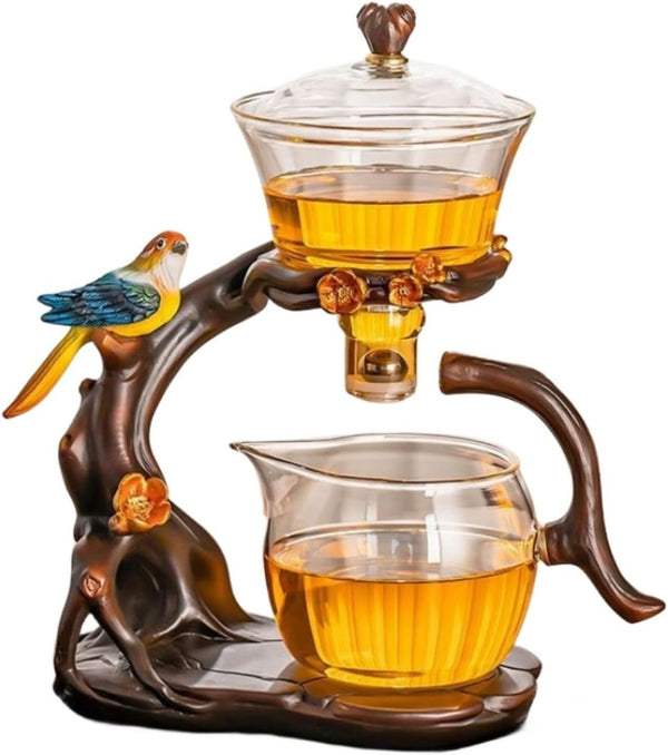 RORA Lazy Kungfu Glass Tea Set Creative Bird Semi Automatic Drip Diversion Rotating Bowl with Infuser Teapot Set ( with 6pcs cups)